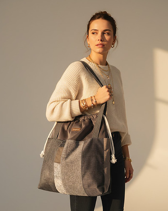 Duża szara torba z kominem z weluru patchwork, raspberi