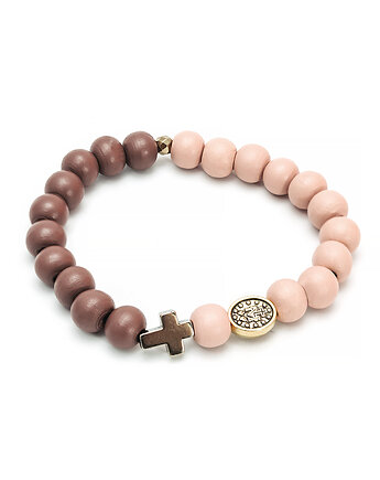 Różowo brązowa bransoletka z krzyżykiem, różaniec na rękę, drewno, Yamira Art Studio