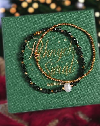 Świąteczny zestaw bransoletek : ciemna zieleń, złoto, perła : szmaragd nilu, kaktusia