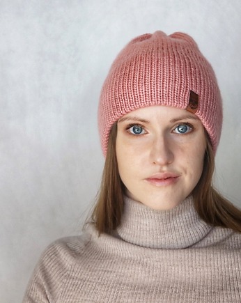Różowa czapka z wełny merino bez pompona podwójnie ciepła, Holy Alpaca Knit