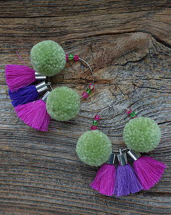 Boho kolczyki koła z pomponami i chwostami, Mró Soutache