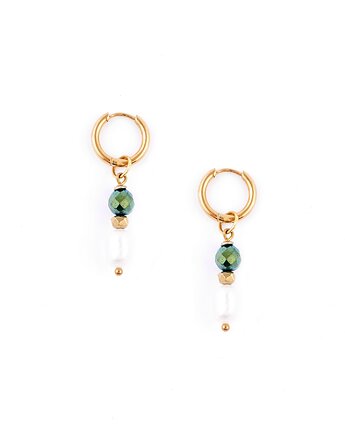 Kolczyki z Perłami i szmaragdowymi Hematytami Pozłacana stal szlachetna, Kulka Bransoletki