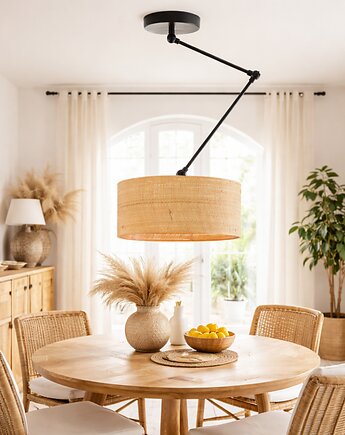 Lampa sufitowa na wysięgniku regulowanym nad stół NEWA BOHO kloszem z rattanu, LYSNE