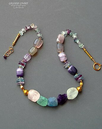 Naszyjnik vintage z pięknych surowych fluorytów i ametystów biżuteria lux, Galeria Limart