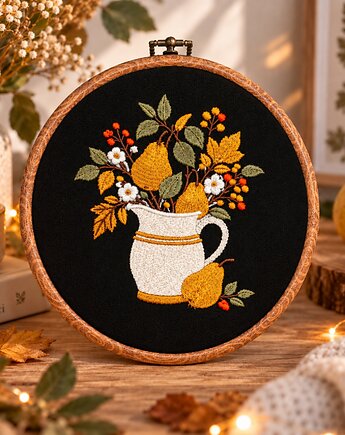 Jesienne złote gruszki,haft w oprawie ok 20 cm średnicy, Plasun