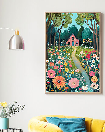Plakat Ukryty domek wśród kwitnącej łąki i lasu, Harvest Maison