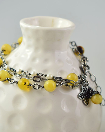 Bursztyn z perłami w srebrze - bransoletka, Sunflower Kornelia Kubinowska