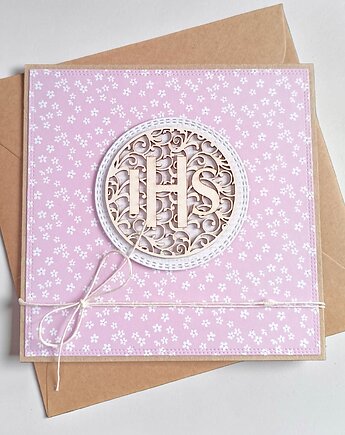 Kartka komunijna dla dziewczynki 2026 : różowa w kwiatki, kaktusia