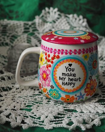 Ręcznie malowany kubek z zaparzaczem i pokrywką FOLK pink, ka.linea