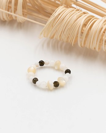 Pierścionek elastyczny - obsydian, masa perłowa, wu handmade