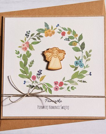 Kartka z życzeniami : kolorowy wianuszek : Komunia : aniolek, kaktusia