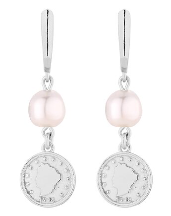 Srebrne długie kolczyki z monetami i perłami SWAROVSKI CRYSTAL, SOTHO