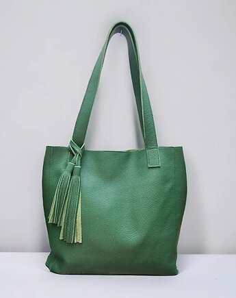 Duża Shopper Bag zielona. Torebka damska skóra naturalna z frędzlami, UNIQUE HandMade