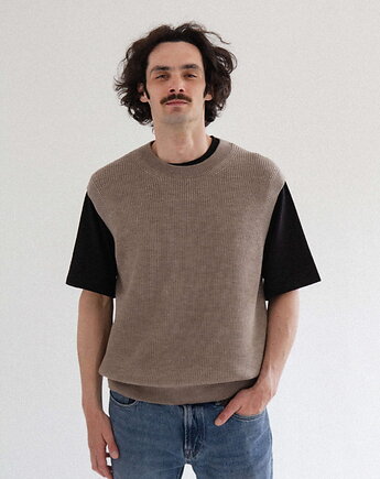 JAGUAR Męska Kamizelka Wełniana 100% Merino Bezrękawnik Sweter Beż, KOPYTO