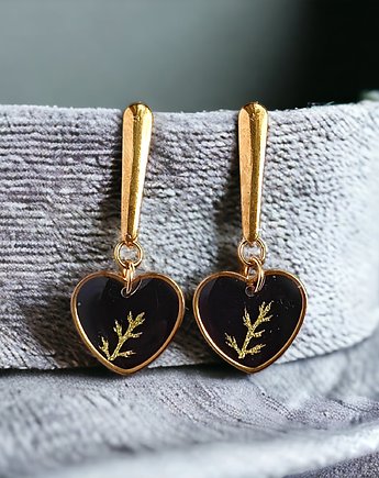 Kolczyki ze złotymi roślinkami : kolczyki z żywicy : GOLDEN FLORA: serca, kaktusia