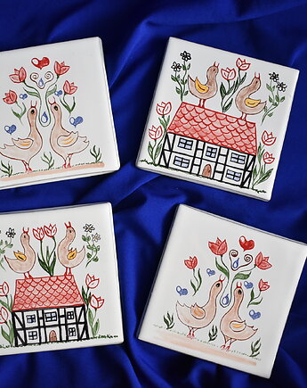 Kafle ręcznie malowane- Rustykalne podkładki, Kobaltowa Sroka