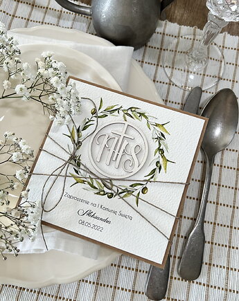 Najpiękniejsze minimalistyczne ręcznie robione zaproszenia na komunię z perso, sorte