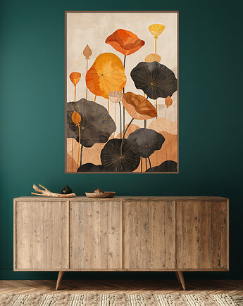Liście lotusu - Plakat, druk - Chiński Orient, Harmonia Zen, Wabi Sabi #112, Black Sapphire Art