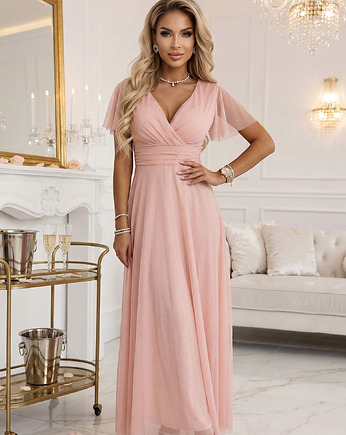 635-7 MELANIA błyszcząca suknia z dekoltem i krótkim rękawem - brzoskwiniowa, NUMOCO