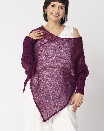Lekkie ponczo damskie z wełny - Bakłażanowe, YOU by Tokarska