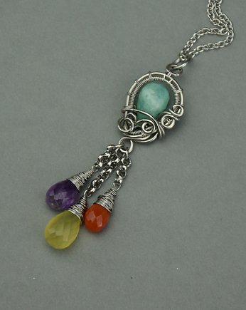 Kolorowy wisiorek wire wrapping ametyst chalcedon amazonit, Agata Rozanska