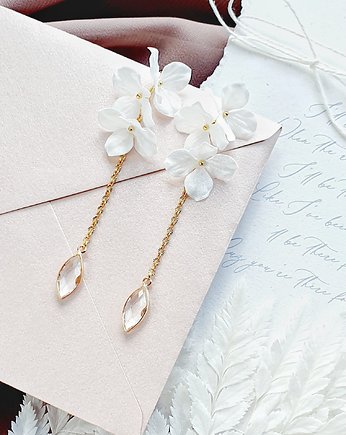Złote Kolczyki ślubne z kwiatami SILKY - girlanda z kryształem, PiLLow Design