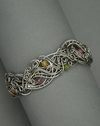 Bransoleta szeroka kolorowe turmaliny wire wrapping stal chirurgiczna, Agata Rozanska
