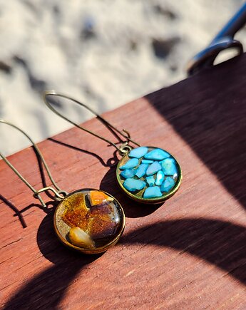 Kolczyki dwustronne z bursztynem i turkusową masą, Figa handmade accessories