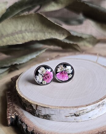 Wieczne kwiaty różowa gipsówka z kwiatami kolczyki srebrne czarne, zkwiatem