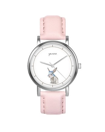 Zegarek  mały - Zajączek - skórzany, pudrowy róż, yenoo