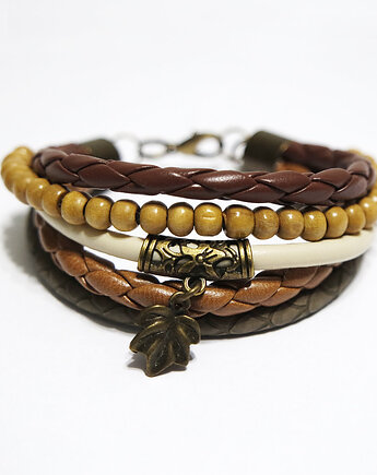 Bransoletka - Liść, koraliki drewniane - rzemienie, yenoo