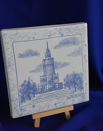 Kafel ręcznie malowany Pałac kultury i Nauki Warszawa z ramką nakrapianą, Kobaltowa Sroka