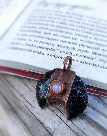 Wisior miedziany lunula obsydian moonstone VI, Treemasters Copper Jewelry