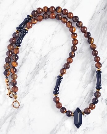 SUKCES, SIŁA, ODWAGA : naszyjnik męski : tygrysie oko, onyks, kaktusia