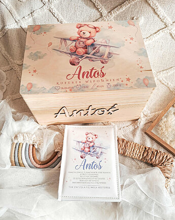 Zestaw MIŚ W SAMOLOCIE z imieniem, prezent na Chrzest, roczek, narodziny, LOO LOO DREAM