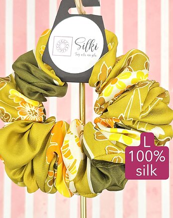 L średnia gumka do włosów jedwab naturalny scrunchie zielona żółta, Silki