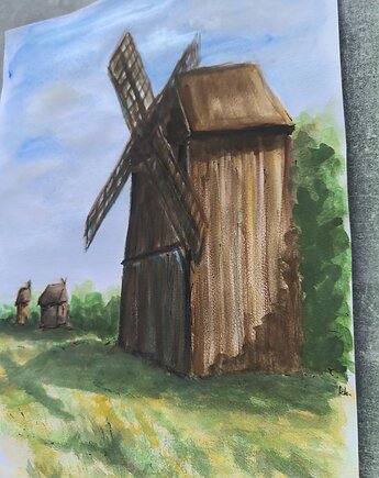 Akwarela Wiatrak Wielkopolska Architektura Ludowa Krajobraz 30x42 Prezent, kkjustpaint Karolina Kamińska