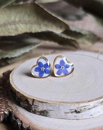 Serca serduszka wkręty z kwiatami kolczyki złote niezapominajki, zkwiatem