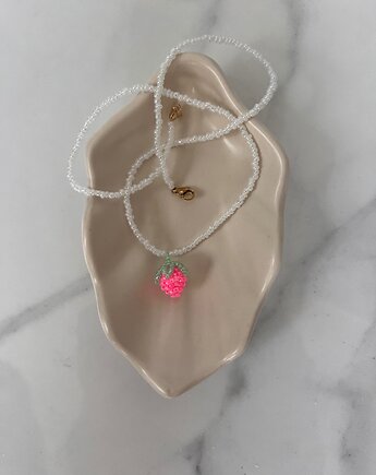 Handmade naszyjnik z koralików z plecioną różowa malinką, Juicy Beads
