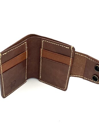 Brązowy portfel skórzany ręcznie obszyty beżową nitką., Rkabags