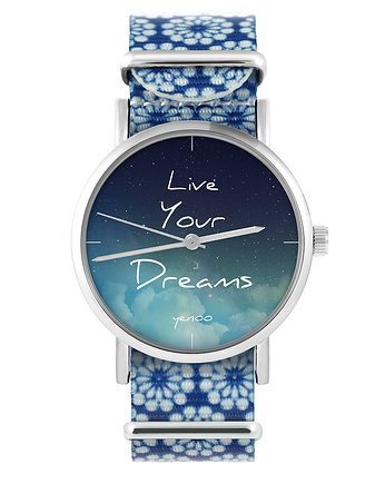 Zegarek - Live Your Dreams - niebieski, kwiaty, yenoo