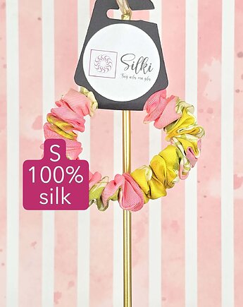 S wąska gumka jedwabna do włosów jedwab naturalny scrunchie różowa kolorowa, Silki