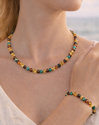 Komplet biżuterii z bursztynu i turkusu - Naszyjnik i bransoletka z bursztynu, AmberMal