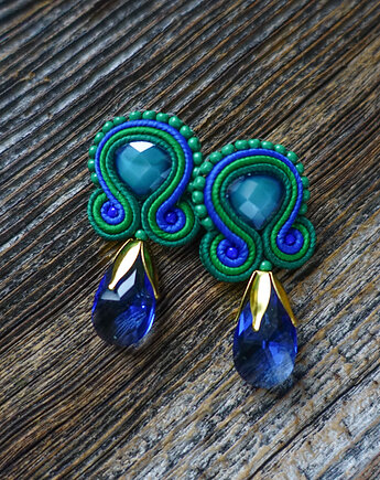Zieleń i granat- kolczyki soutache z kryształkami, Mró Soutache