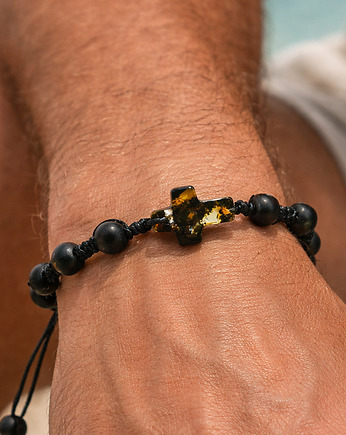 Bransoletka męska z bursztynu bałtyckiego krzyżyk, makrama, AmberMal