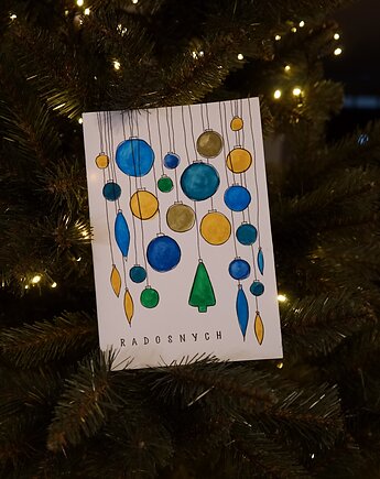 Kartka Świąteczna Wiszące Bombki, akwarela., decotyw