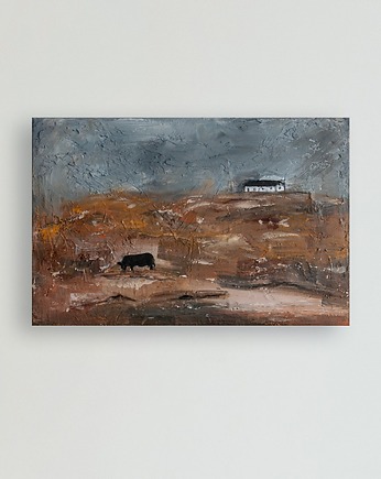 ORYGINAŁ. Obraz na płótnie - Dom i krowa 20x30 cm, Gosia Sendlewska