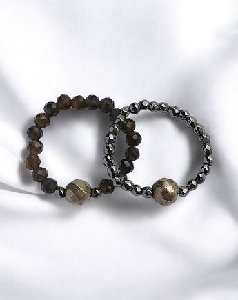 Zestaw pierścionków : obsydian złoty, piryt, hematyt, kaktusia