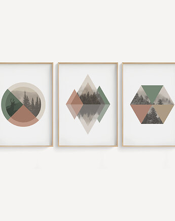 Zestaw 3 geometrycznych grafik na ścianę, skandynawski styl, nordic style., Grawisfera