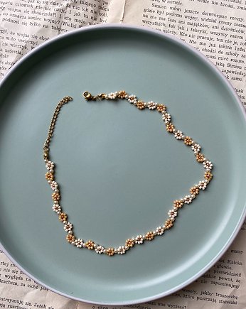 Naszyjnik szklane perły kwiatki, Panji Handmade